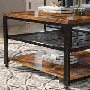 Table basse carrée industrielle en bois avec 2 étagères de rangement, plateau en bois grainé et structure en métal noir - Product Image 4