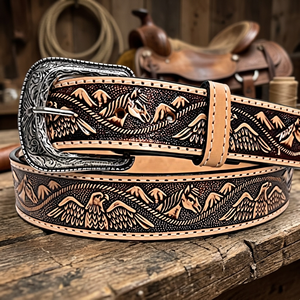 <b>Western</b> Embroidered Cow Hide <b>Belt</b> With Silver Pin Buckle Animal Print Design Casual Genuine Leather <b>Belt</b> - Product Image 2