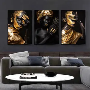 African Golden Beauty Girls Canvas Painting Black Girls Make Up poster and Prints Wall Art Picture