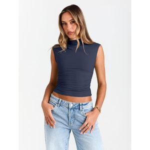 Women's Mock Neck Sleeveless Tank <b>Top</b> Short Knitted <b>Crop</b> <b>Top</b> For Spring Summer Casual Wear - Product Image 2