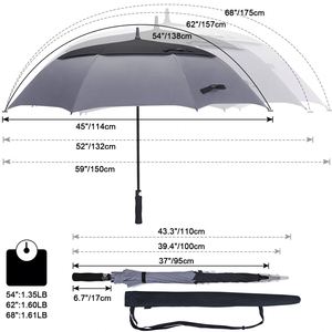 Parapluie de golf semi-automatique robuste de 47/54/62/68 pouces, surdimensionné, extra large, à double auvent ventilé, coupe-vent, manuel - Product Image 3