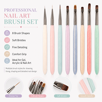 Lot de 8 pinceaux à ongles en nylon multi-tailles, personnalisables, légers et ergonomiques, pour le traçage de lignes et les rayures en nail art (vente en gros)