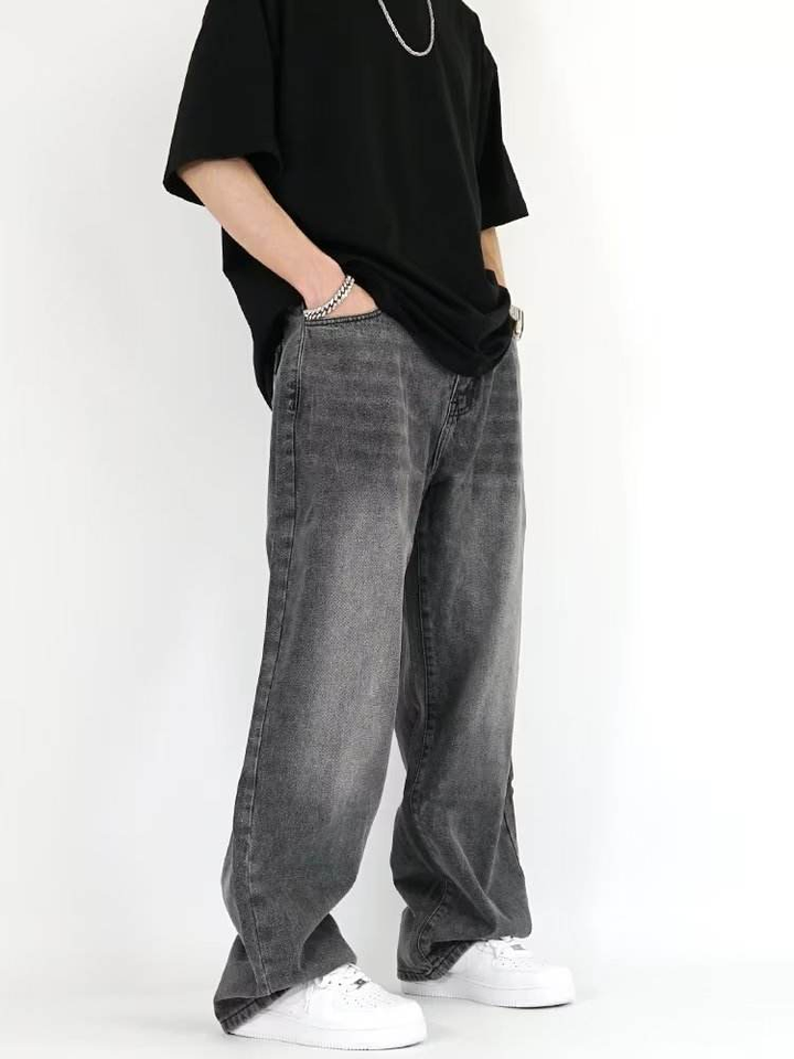 Men's Vintage Baggy Wide Leg Denim Pants Button Casual Loose Straight ...