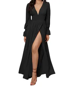 OEM/ODM मग़ज़ी आस्तीन Shirred कमर लपेटें लंबी आस्तीन हेम पोशाक सेक्सी पोशाक महिला पहनने के लिए