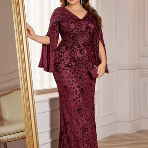 Abito da ballo a maniche lunghe a sirena, aderente, per la <span class=keywords><strong>madre</strong></span> della sposa, da donna, con paillettes e glitter, lungo, taglie forti, abito da sposa formale di lusso - Product Image 1