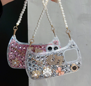 Luxury Bling Glitter Rhinestone Diamond Women Handbag Phone Case for <strong>Iphones</strong> 15 Pro Max TPU <strong>Cover</strong> With Pearl Bracelet Chain - Product Image 3