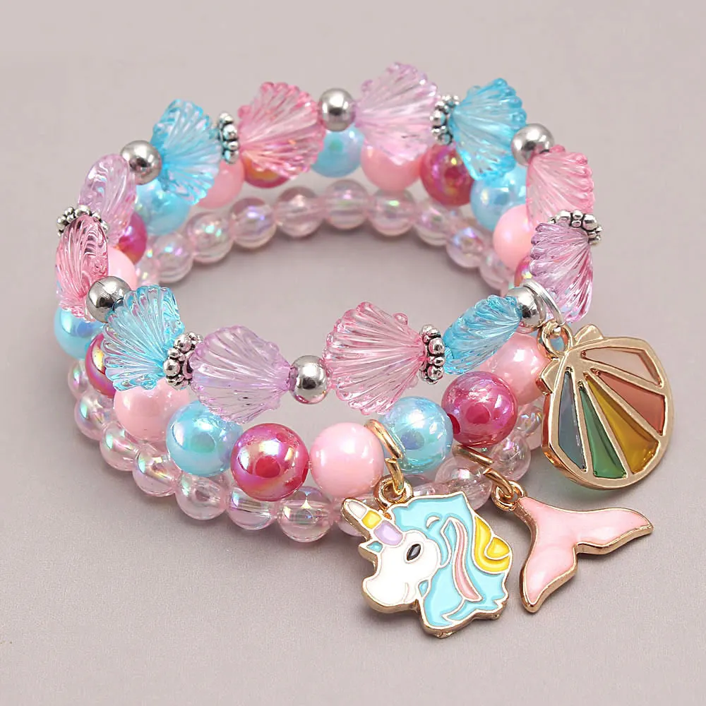 Newest Cute Girl Bracelet Unicorn Mermaid Tail Beaded Bracelets With Charms Pink Children Bead Bracelet