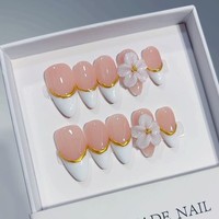 TSZS Ongles Press-On de Luxe 3D Fleur Faits Main, Courts Amande, Motif Floral Français, Réutilisables, 10 Pièces, Faux Ongles Portables pour DIY