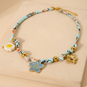 Collar <span class=keywords><strong>de</strong></span> Mujer Estilo Bohemio Fatingna, Tela y Seda <span class=keywords><strong>con</strong></span> Acero Inoxidable, Cerámica, Circonita Cúbica, Flor Azul, Collar Moderno - Product Image 3