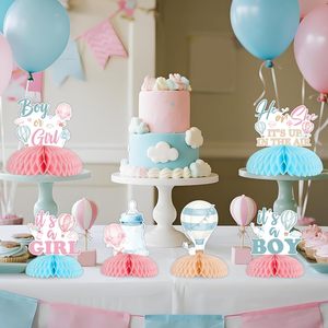 Decorazioni per Festa di Rivelazione del Sesso con Mongolfiere, 8 Pezzi di Centrotavola a Nido d'Ape 'Lui o Lei' in Rosa e Blu - Product Image 3