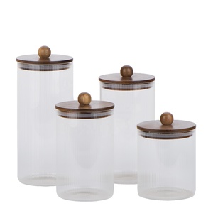 Borosilicate Vòng Glass container <span class=keywords><strong>Jar</strong></span> với keo gỗ nắp quả bóng trên nắp dập nổi đường thẳng đứng - Product Image 5