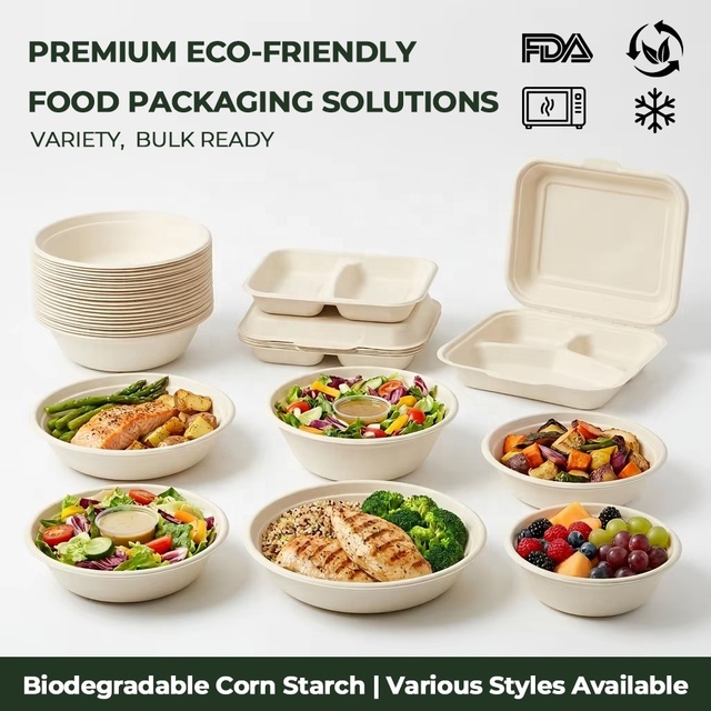 Bulk Eco Friendly Biodegradable Corn Starch Bento Box with Lid, Compostable 3 4 Compartment Food Container for Restaurant