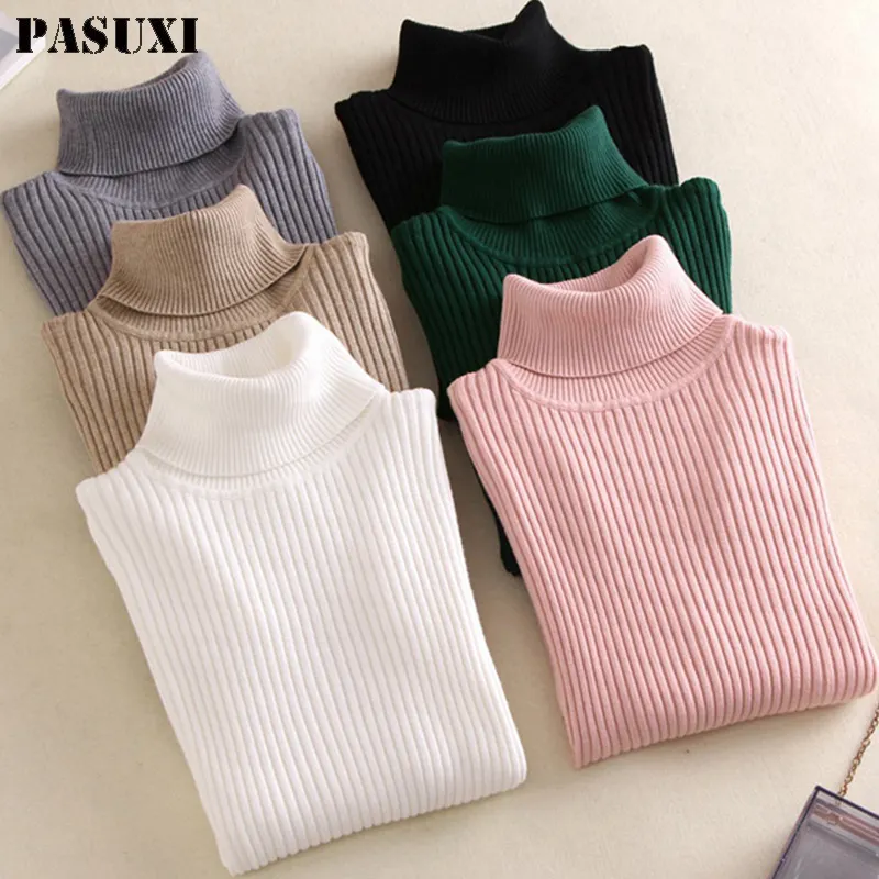 PASUXI Simple Women Turtleneck Sweater Winter Fashion Pullover Elastic Knit Ladies Jumper Casual Solid Female Basic Top
