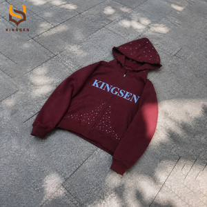 เสื้อฮู้ดซิป Y2K แบบหนา ประดับเพชร รุ่นวินเทจ สีแดงเบอร์กันดี แต่งระบายลายกราฟิก สไตล์สตรีทแวร์ สำหรับผู้ชาย แบบซิปเต็มตัว - Product Image 2