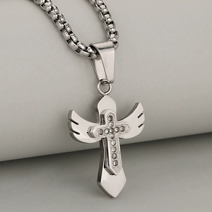 Ciondolo a Croce in Acciaio Inossidabile <span class=keywords><strong>con</strong></span> Ali d'Angelo e Strass, Stile Coreano Hip Hop, Incisionabile, Trendy, Audace, Lucido, Anti-ossidazione, Unico - Product Image 5