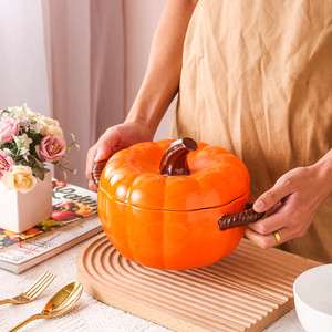 Stoviglie in porcellana Fine ciotola a forma di zucca in ceramica in stile giapponese ciotola per zuppa di arancia da forno binaurale con coperchio - Product Image 6