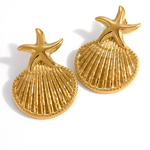 Boucles d'oreilles pendantes en forme d'étoile de mer et de coquillage, plaquées or 18 carats, en acier inoxydable, thème océan, bijoux tendance - Product Image 5