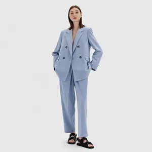 Trajes de dos piezas de negocios de oficina Pantalón de pierna ancha Conjunto de chaqueta azul claro suelto para mujer