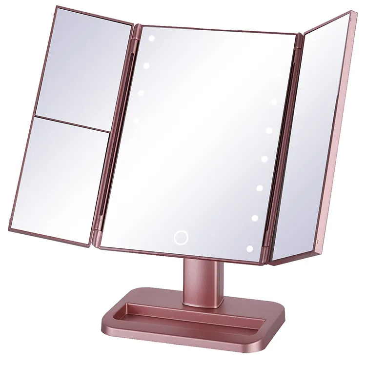 Lighted Vanity Makeup Mirror Tri-Fold with LED Light Bars 180 Degree Free Rotation Table Countertop Cosmetic Mirror