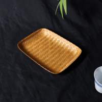 Groothandel 100% natuurlijke handgeweven bamboe dienblad met aangepast logo, decoratief serveerplateau, vierkant, ondiep fruitplateau, badkamertafelgerei
