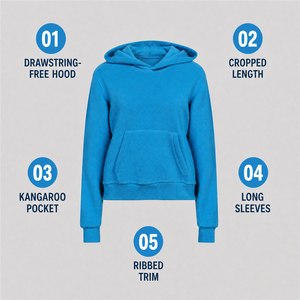 Sweat-shirt unisexe bleu à capuche, coupe courte, poche kangourou, sans cordon de serrage, décontracté, couleur unie, en molleton bouclette tricoté, automne - Product Image 1