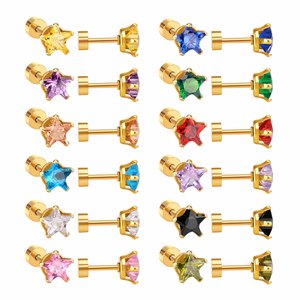 أقراط يدوية الصنع 2022، أحدث إصدار، 12 زوج/مجموعة، أقراط خمس نجوم مع كرات كريستالية متنوعة، مطلية بالذهب من التيتانيوم - Product Image 3