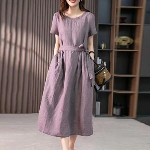 Women's Short Sleeve Cotton Linen Dress Purple O <b>Neck</b> Loose Fit Wrap <b>Tie</b> Casual Daily Wear - Product Image 2