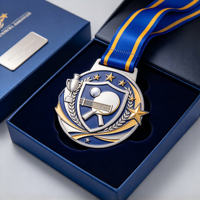 Médaille personnalisée de tennis de table en émail bleu argenté, motif bouclier et raquette, avec étoile en relief 3D, pour le championnat