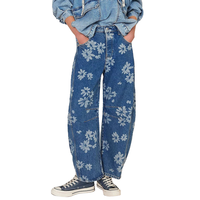 Celana Jeans Wanita Model Wide Leg Warna Biru Muda Coklat Bahan Katun Denim Bermotif Bunga Celana Jeans Boyfriend Vintage Celana Denim Wanita
