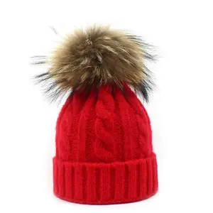 15cm Adulte Bonnet Chapeau Détachable <span class=keywords><strong>Fourrure</strong></span> De Raton Laveur Pompons Femmes Tricoté <span class=keywords><strong>Toque</strong></span> Bonnet Chapeaux - Product Image 5