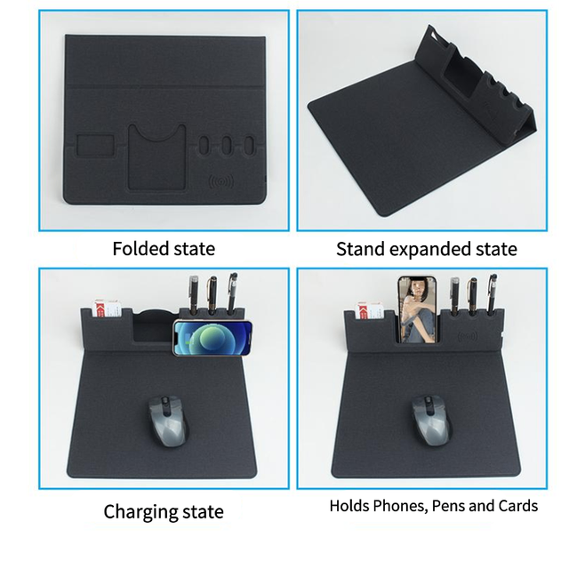 Multifunctional PU Leather Wireless Charging Mouse Pad, Foldable Desk Organizer with Pen, Card & Phone Holder for Office