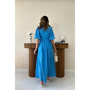 Vestido Largo de Muselina Azul, Cintura Elástica, Cuello Redondo, Corte Holgado, Transpirable, Tejido, Informal, para Uso Diario - Product Image 1