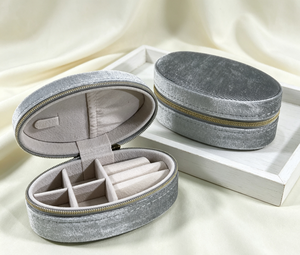 <b>silver</b> gray velvet fabric wrapped box gold zipper closure multi compartment velvet lining oval portable shape neat edge - Product Image 4