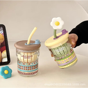 Stylish Floral Glass Tea Cup With Filter Heat Resistant Straw Lid For Women Summer Use Party Gift - Product Image 5