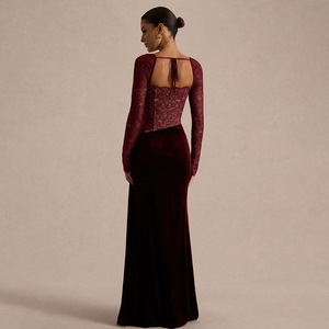 Vestido de noche de manga larga con encaje y terciopelo, abertura alta, escote cuadrado, elegante, ropa formal para mujer - Product Image 2