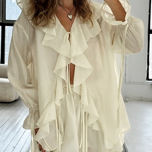 เสื้อคลุมคาร์ดิแกนผูกโบว์ กางเกงขาสั้น ชุดลำลอง 2 ชิ้น แฟชั่นสำหรับผู้หญิง - Product Image 2