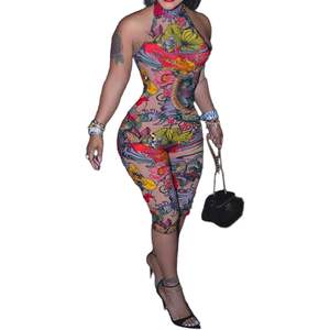 Mono capri de fiesta para mujer 2026 personalizado, con estampado de malla, cuello halter, sin espalda, transparente, de elastano y poliéster sin costuras - Product Image 4