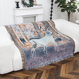 Groothandel op maat gemaakte geweven tapijtdeken met kwastjes, katoen-polyester materiaal, draagbaar, milieuvriendelijk jacquard dekentje - Product Image 4
