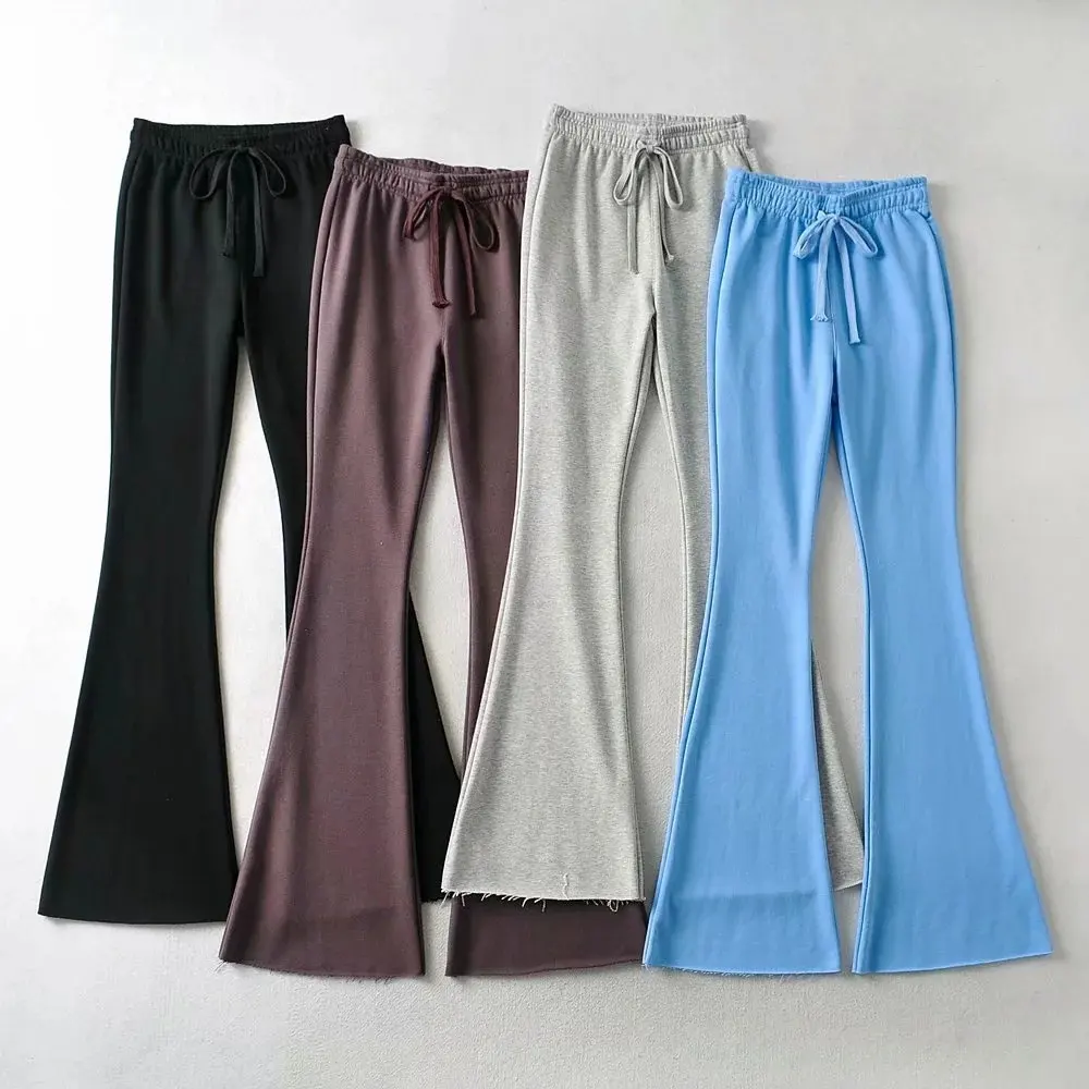 Wholesale cotton flared sweat pants women fashion high waist drawstring blank french terry flared sweatpants