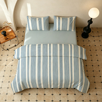 Ensemble de housse de couette rayée bleu et blanc 100% coton respirant et doux, literie 4 pièces avec 2 taies d'oreiller