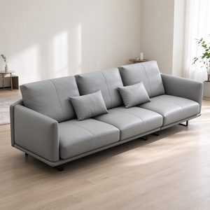 Sofá Seccional de Cuero en Forma de L, Perfil Bajo, Asiento Profundo, Cojines Sueltos, Patas Metálicas Delgadas, para Sala de Estar, Apartamento, Villa - Product Image 1