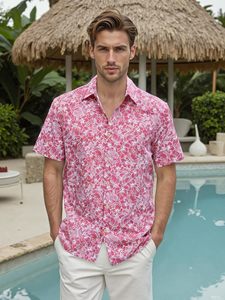 Chemise hawaïenne à manches courtes pour homme, imprimé floral rose, col rabattu, respirante, pour les vacances d'été - Product Image 1