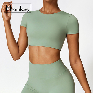 HEARUISAVY Haut court pour femme, vêtements de sport, 2024, haute résistance, manches courtes, t-shirt de yoga fitness, nylon, élasthanne, séchage rapide - Product Image 1