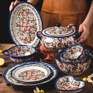 复古波西米亚雏菊花卉釉面点心盘子和碗套装陶瓷陶瓷沙拉碗烤盘晚餐套装