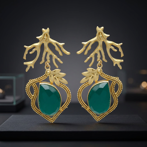 Boucles d'oreilles pendantes en laiton plaqué or faites à la main avec pierres précieuses, style ethnique, pour fiançailles et soirées, mode bohème - Product Image 3
