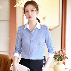 Blue Striped Long Sleeve Shirt Women Cotton Poplin Office Wear Contrast Collar Autumn Top - Product Image 2