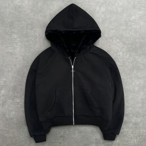 맞춤형 후디 재킷 이중 레이어 레오파드 프린트 헤비 웨이트 프렌치 테리 오버사이즈 인조 퍼 리버시블 지퍼업 블랭크 후디 남성용 - Product Image 6