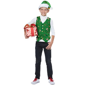 Christmas Green Vest Costume For Children Holiday Performance Wear With Santa <b>Hat</b> And Gift <b>Box</b> - Product Image 1