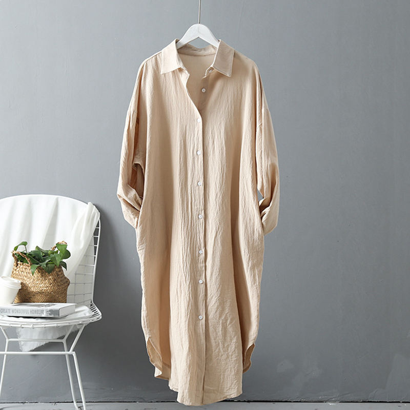 2022 Women Long Shirts Solid Color Cotton Linen Cardigan Long Sleeve Button  Loose Korean Sunscreen Lady Girls Tops Casual Shirt