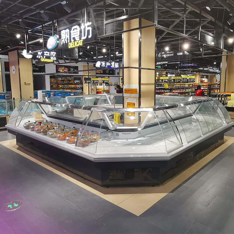 スーパーマーケット用ガラスカバー冷蔵ショーケース - 鮮魚・肉用